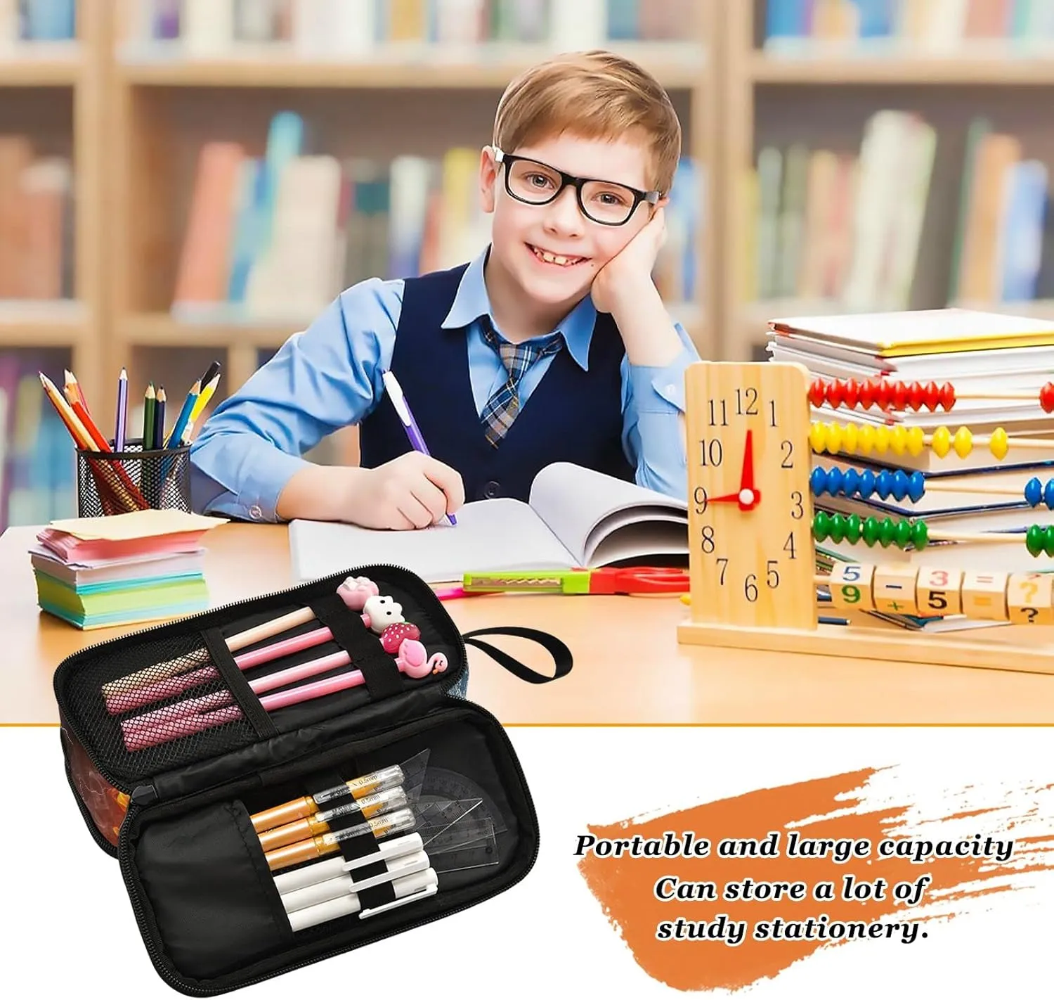 Large Capacity Pencil Case Pencil Pouch Office School Large Storage Pen Bag 3 Compartment pencil box for Adults School Teen Girl Boy Men Women (Basketball)