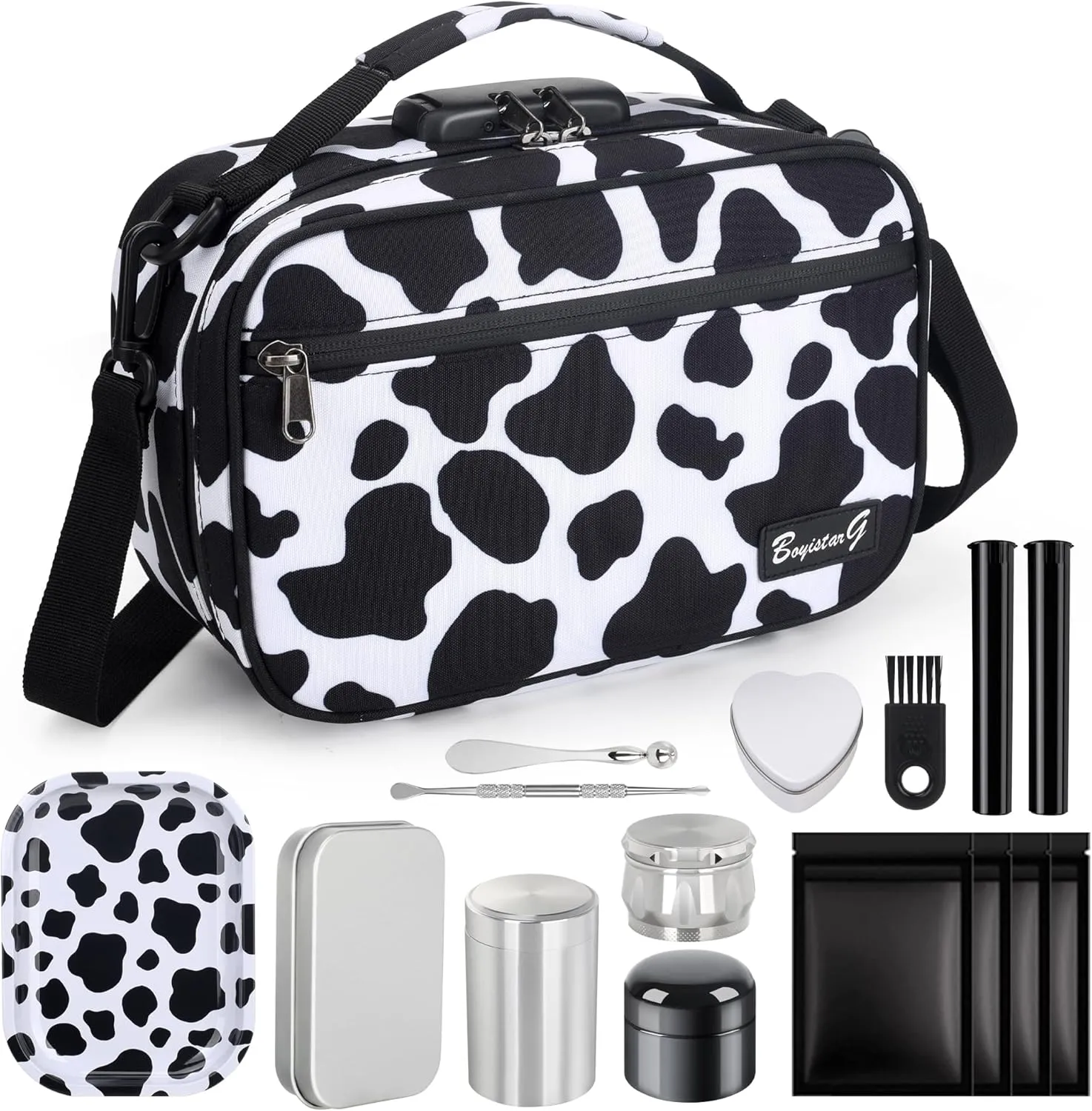 Large Cosmetic Organization Bag with 11 Small Items, Portable Cosmatic Makeup Storage Case with Combination Lock For Home and Travel,(Cute Cow Print) Black and white