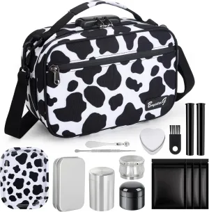 Large Cosmetic Organization Bag with 11 Small Items, Portable Cosmatic Makeup Storage Case with Combination Lock For Home and Travel,(Cute Cow Print) Black and white
