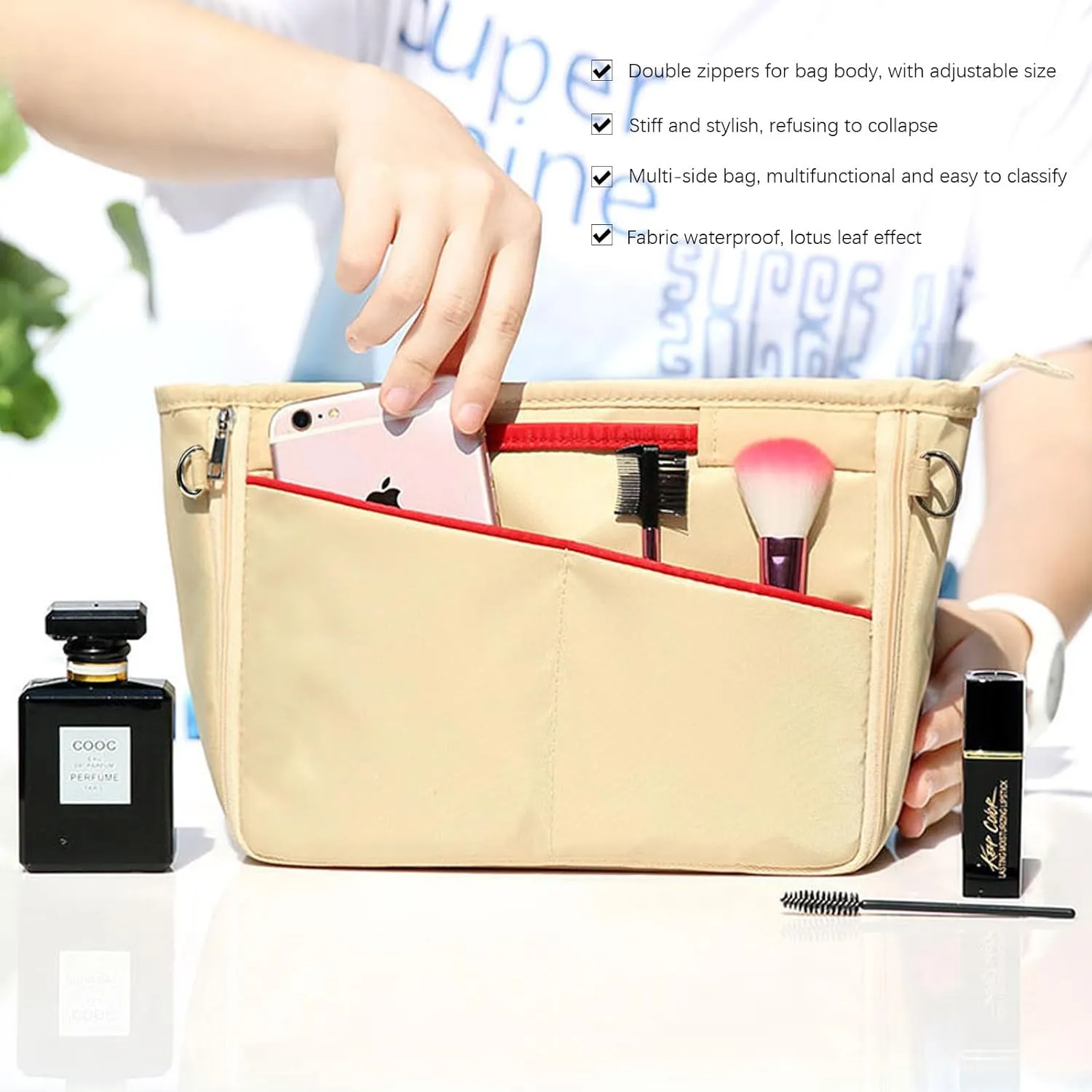 Lckaey Nylon Purse Organizer for neverfull Tote Handbag insert Organizers for longchamp and goyard tote insert 3096Khaki-L