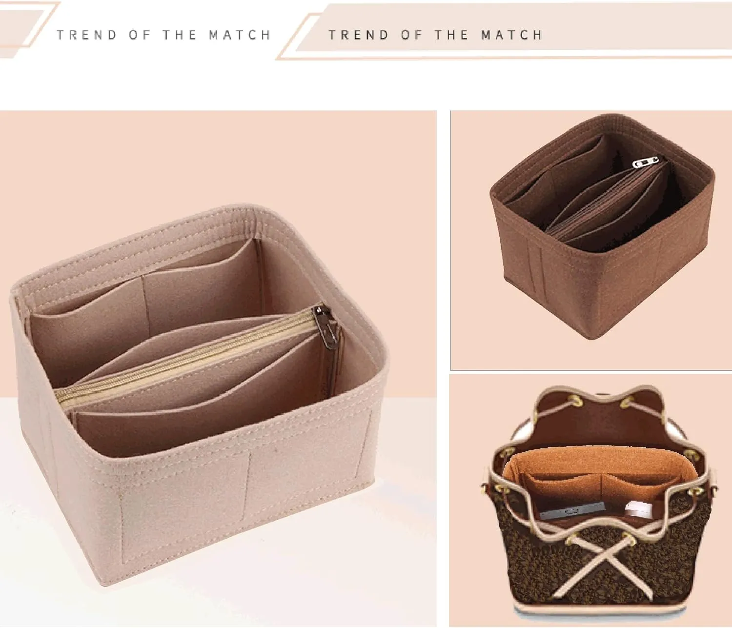 Lckaey Purse Organizer for BB Bucket Bag, Petit NOE NM Storage Bag, Small Zipper Insert, Khaki