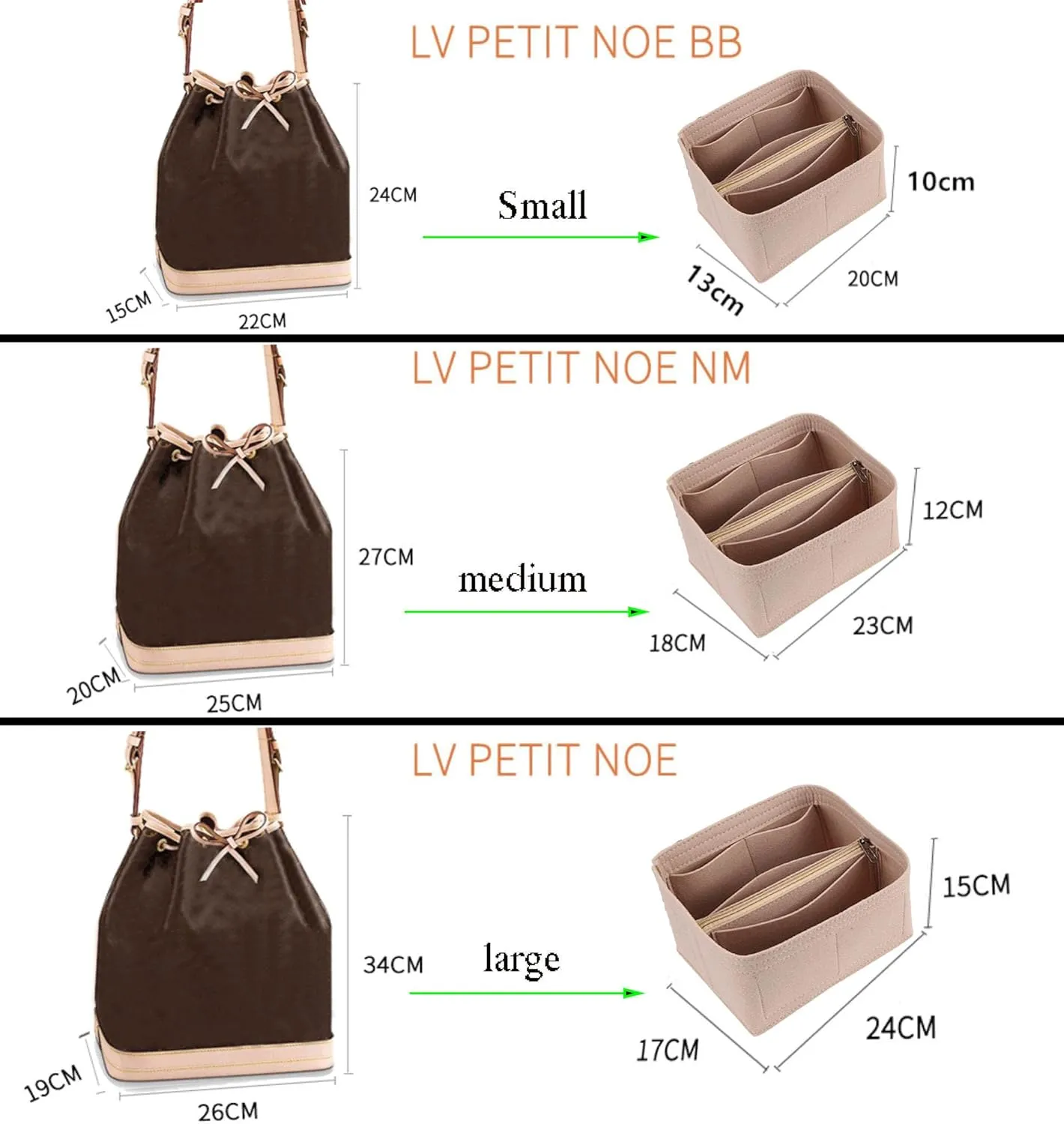 Lckaey Purse Organizer for BB Bucket Bag, Petit NOE NM Storage Bag, Small Zipper Insert, Khaki