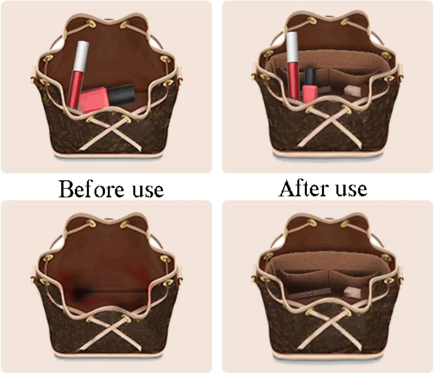 Lckaey Purse Organizer for BB Bucket Bag, Petit NOE NM Storage Bag, Small Zipper Insert, Khaki