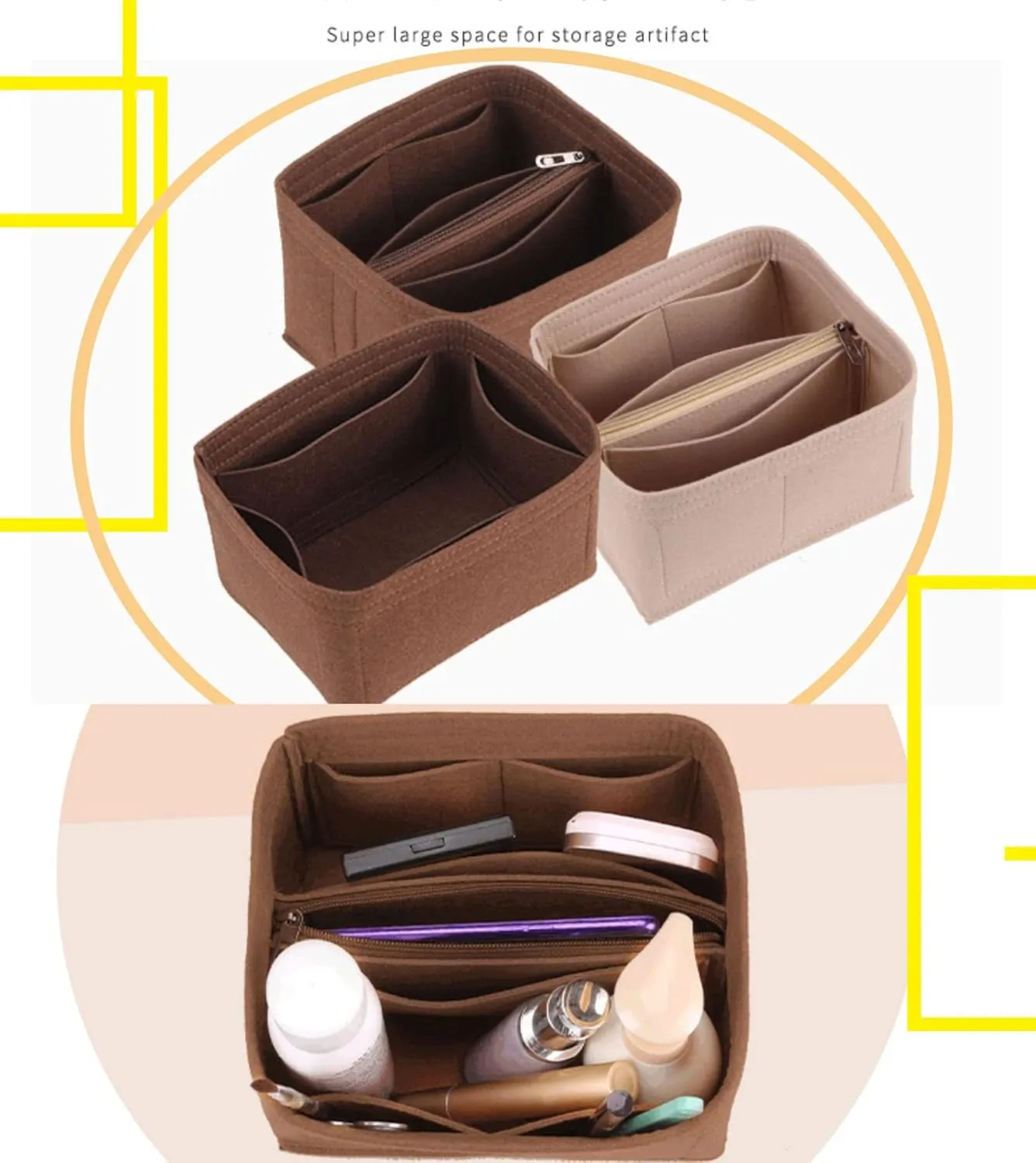 Lckaey Purse Organizer for BB Bucket Bag, Petit NOE NM Storage Bag, Small Zipper Insert, Khaki