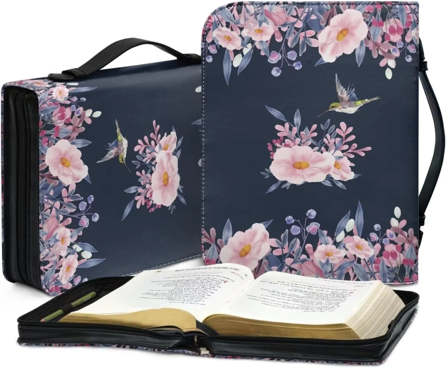 Leather Bible Cover Case/Book Cover, Bible Case for Women Girls, Bible Cover Bags Floral Pattern with Handle Fits for Standard Size Bible, Sunflower Text,L
