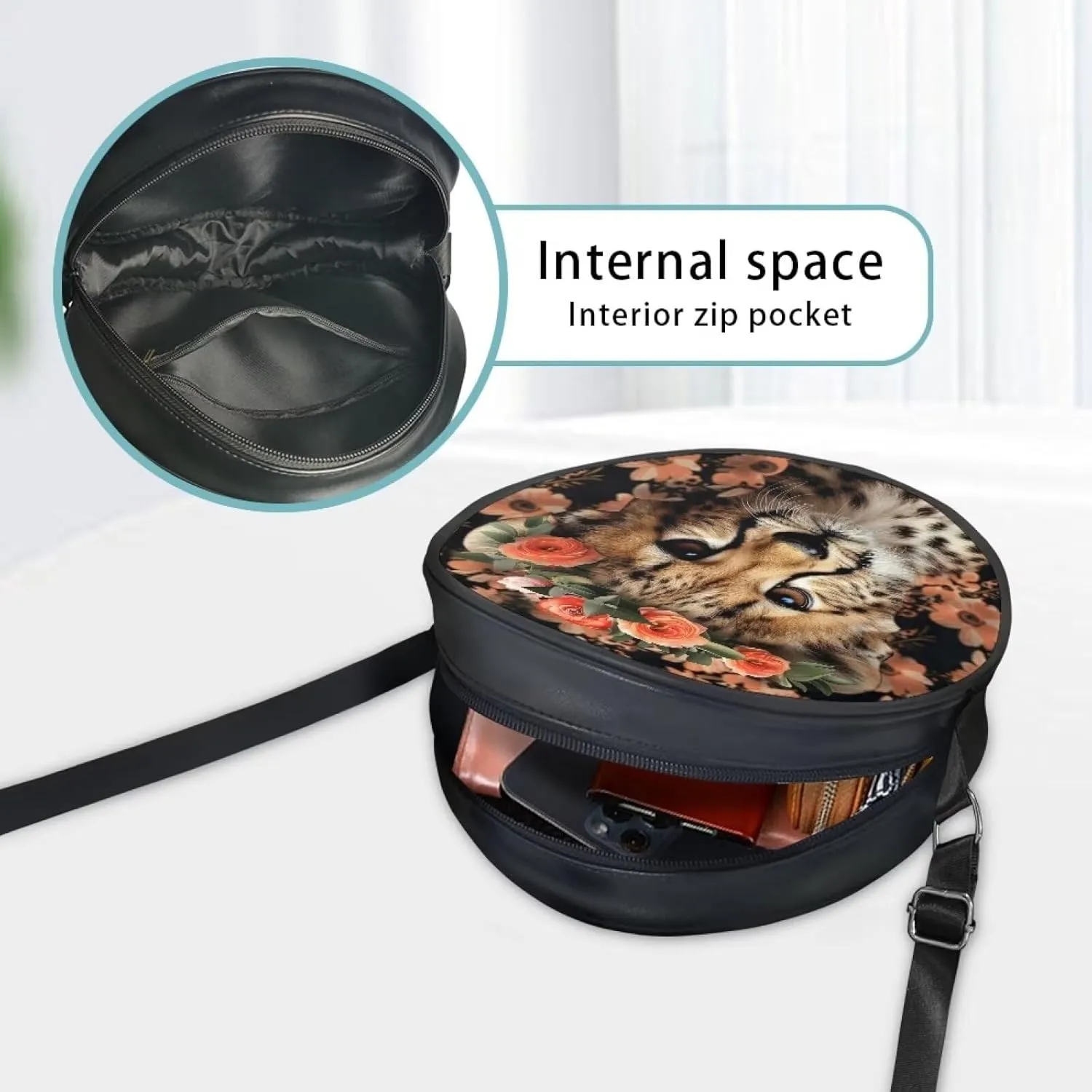 Leather Round Purse for Women Shoulder Crossbody Bag, Zipper Small Circle Wallet with Adjustable Strap