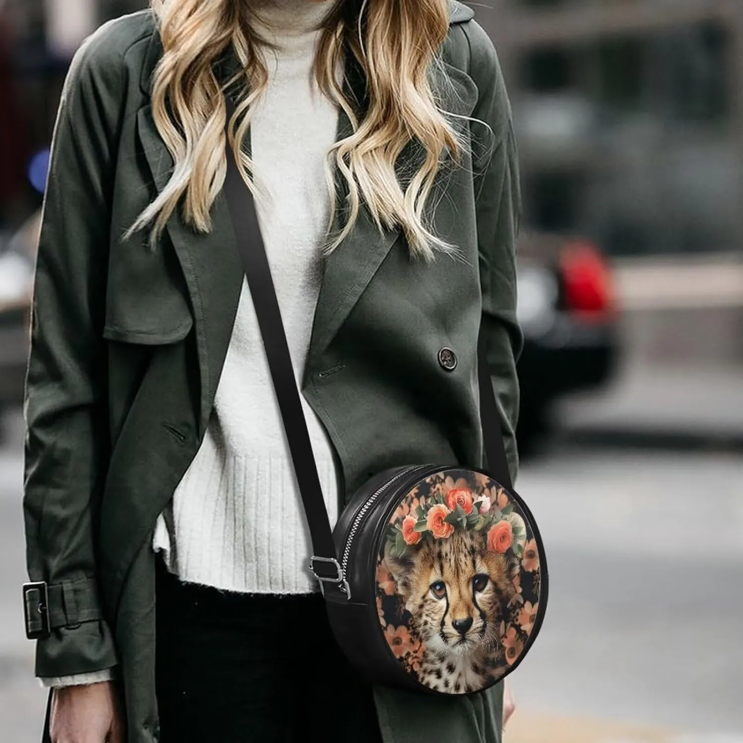 Leather Round Purse for Women Shoulder Crossbody Bag, Zipper Small Circle Wallet with Adjustable Strap