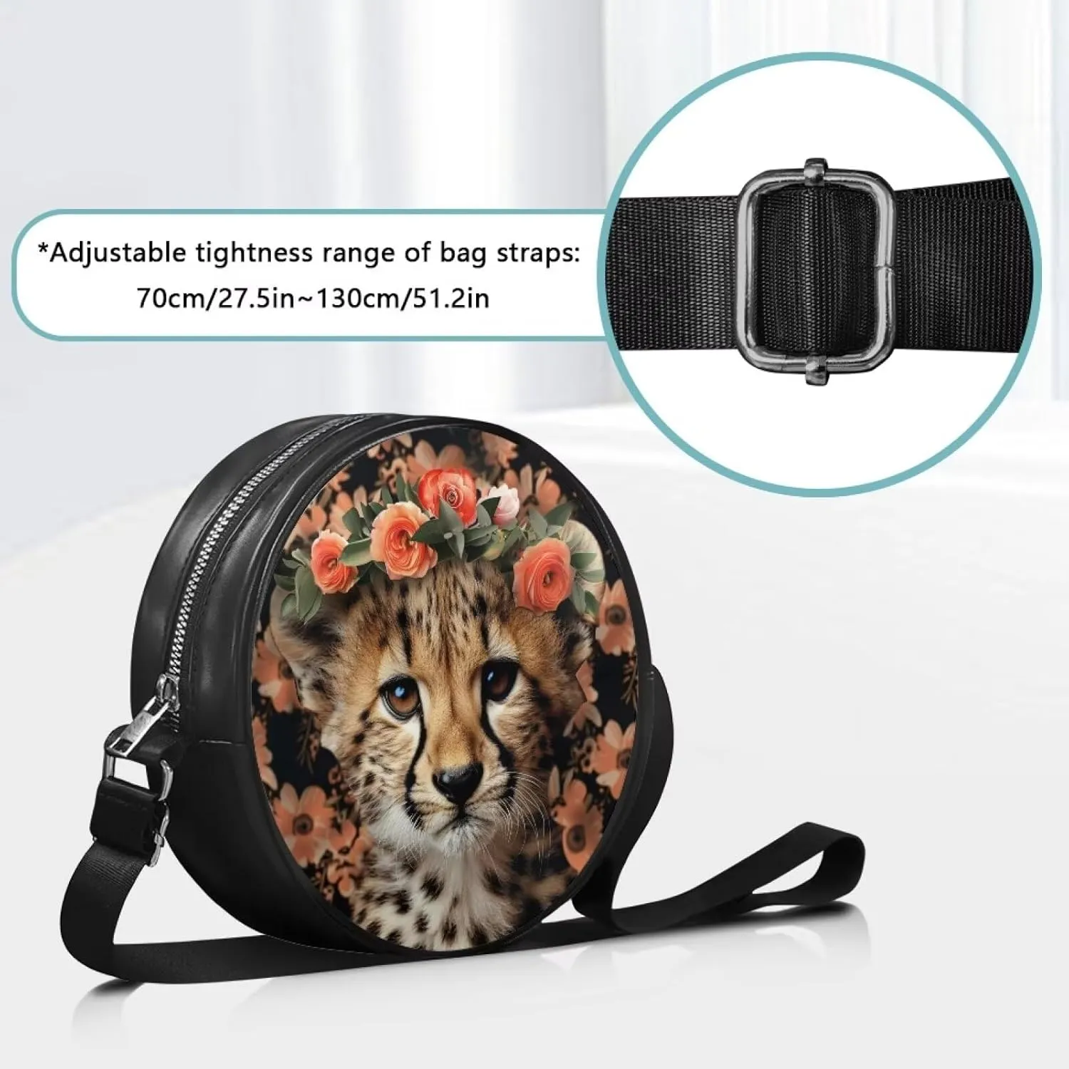 Leather Round Purse for Women Shoulder Crossbody Bag, Zipper Small Circle Wallet with Adjustable Strap