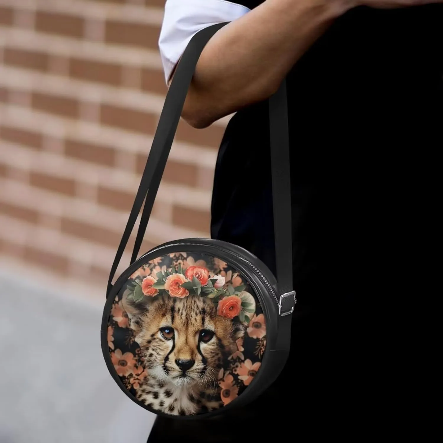 Leather Round Purse for Women Shoulder Crossbody Bag, Zipper Small Circle Wallet with Adjustable Strap