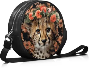 Leather Round Purse for Women Shoulder Crossbody Bag, Zipper Small Circle Wallet with Adjustable Strap