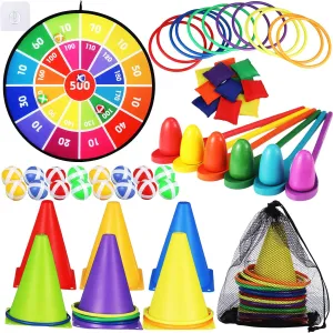 Libima 57 Pcs Carnival Games Combo Set for Kids, Bean Bags Ring Toss Game Dart Board with Sticky Balls Plastic Cones Egg Spoon Race Indoor Outdoor Party Supplies for Boys Girls Adults Birthday Gifts