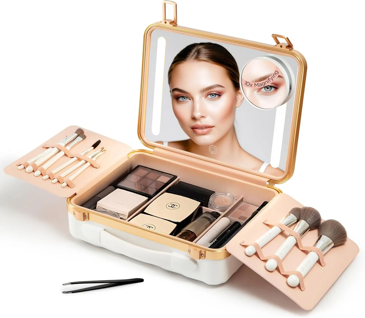 Lighted Makeup Case with Mirror - Portable Travel Makeup Organizer with LED Mirror, 3 Light Settings, Rechargeable Makeup Bag with Mirror and Light - Mini 10x Mirror included
