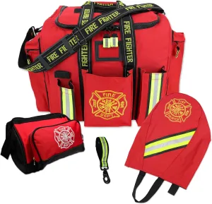 Lightning X Premium Firefighter Turnout Gear Bag Captain's Bundle w/Glove Strap   SCBA Mask & Toiletry Bags RED