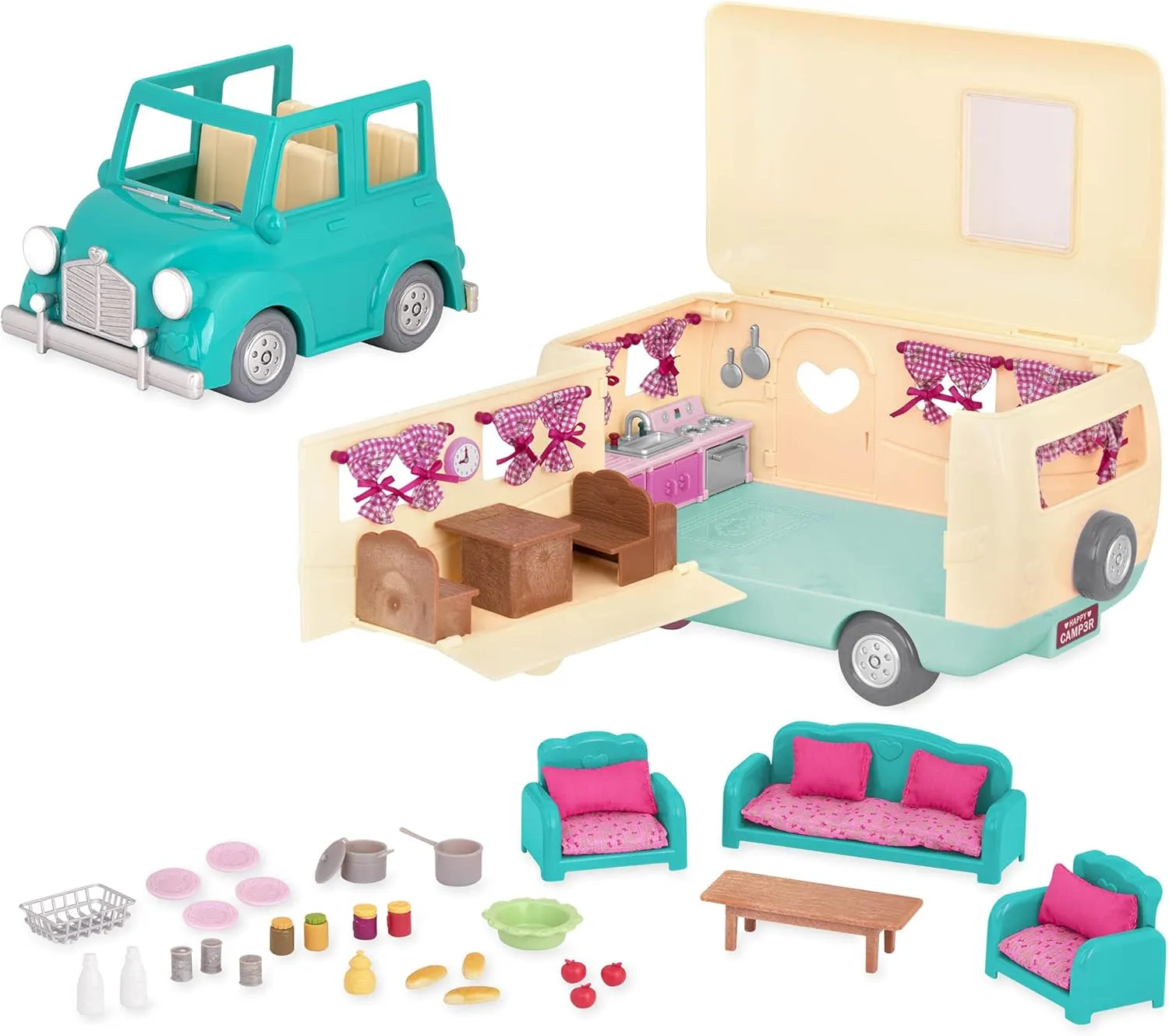 Li’l Woodzeez – Happy Camper Blue with Detachable Toy Vehicle – 40 Pcs Dollhouse Playset Including Furnitures, Play Food & Kitchen Accessories for Kids Age 3  – Doll Figures Sold Seperately