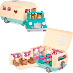 Li’l Woodzeez – Happy Camper Blue with Detachable Toy Vehicle – 40 Pcs Dollhouse Playset Including Furnitures, Play Food & Kitchen Accessories for Kids Age 3  – Doll Figures Sold Seperately