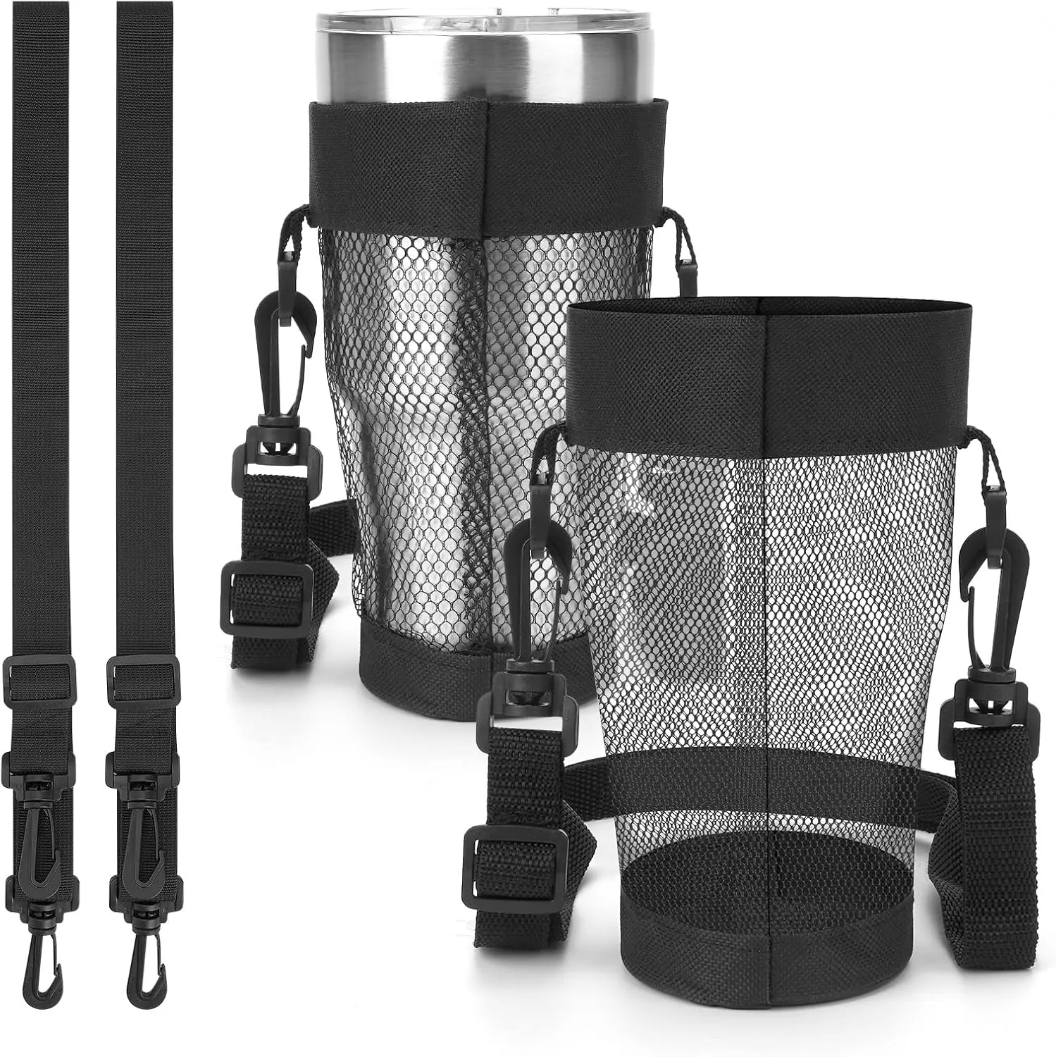 Linkidea 2 Pack Mesh Tumbler Carrier with Strap Compatible with 30oz YETI Rambler, Greens Steel Beast, RTIC Tumbler, Lightweight Waterbottle Net Sling Holder, 59'' Long Shoulder Strap