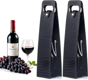 Liobelon 2 Pieces Leather Wine Gift Bag, Single Champagne Tote With Handle for Birthday, Wedding, Picnic Party, Christmas (Black)
