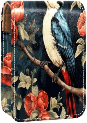 Lipstick Case Woodpecker Bird on Red Berries Branch Prints Mini Lipstick Holder Organizer Bag With Mirror for Purse Travel Cosmetic Pouch