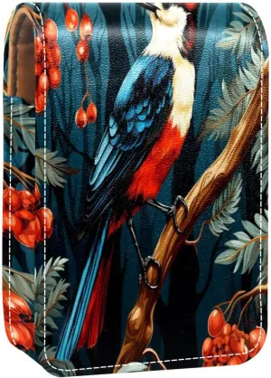 Lipstick Case Woodpecker Bird on Red Berries Branch Prints Mini Lipstick Holder Organizer Bag With Mirror for Purse Travel Cosmetic Pouch