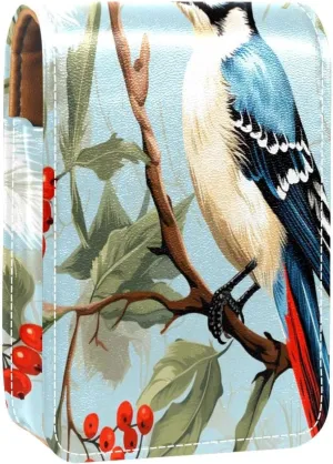 Lipstick Case Woodpecker Bird on Red Berries Branch Prints Mini Lipstick Holder Organizer Bag With Mirror for Purse Travel Cosmetic Pouch