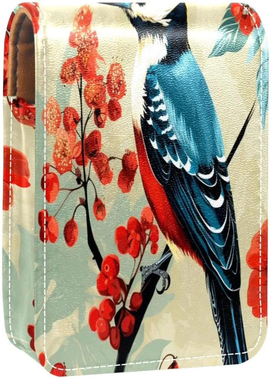 Lipstick Case Woodpecker Bird on Red Berries Branch Prints Mini Lipstick Holder Organizer Bag With Mirror for Purse Travel Cosmetic Pouch