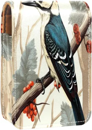 Lipstick Case Woodpecker Bird on Red Berries Branch Prints Mini Lipstick Holder Organizer Bag With Mirror for Purse Travel Cosmetic Pouch