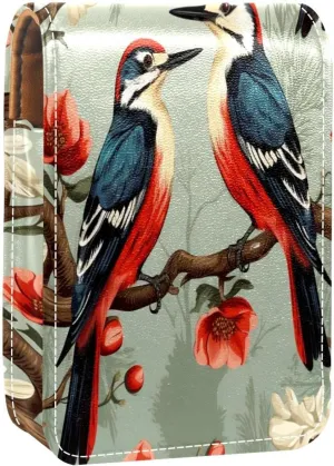 Lipstick Case Woodpecker Bird on Red Berries Branch Prints Mini Lipstick Holder Organizer Bag With Mirror for Purse Travel Cosmetic Pouch