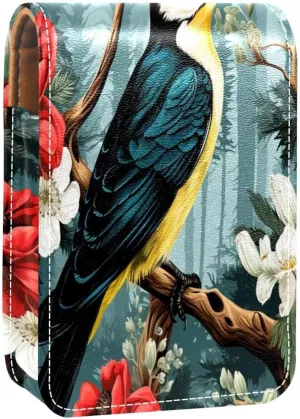 Lipstick Case Woodpecker Bird on Red Berries Branch Prints Mini Lipstick Holder Organizer Bag With Mirror for Purse Travel Cosmetic Pouch