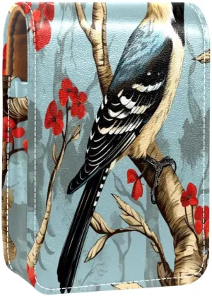 Lipstick Case Woodpecker Bird on Red Berries Branch Prints Mini Lipstick Holder Organizer Bag With Mirror for Purse Travel Cosmetic Pouch