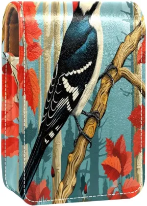 Lipstick Case Woodpecker Bird on Red Berries Branch Prints Mini Lipstick Holder Organizer Bag With Mirror for Purse Travel Cosmetic Pouch