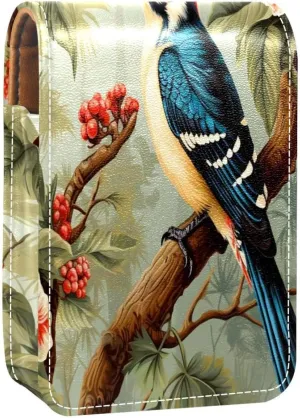 Lipstick Case Woodpecker Bird on Red Berries Branch Prints Mini Lipstick Holder Organizer Bag With Mirror for Purse Travel Cosmetic Pouch