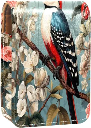 Lipstick Case Woodpecker Bird on Red Berries Branch Prints Mini Lipstick Holder Organizer Bag With Mirror for Purse Travel Cosmetic Pouch