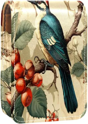 Lipstick Case Woodpecker Bird on Red Berries Branch Prints Mini Lipstick Holder Organizer Bag With Mirror for Purse Travel Cosmetic Pouch