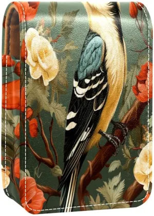 Lipstick Case Woodpecker Bird on Red Berries Branch Prints Mini Lipstick Holder Organizer Bag With Mirror for Purse Travel Cosmetic Pouch