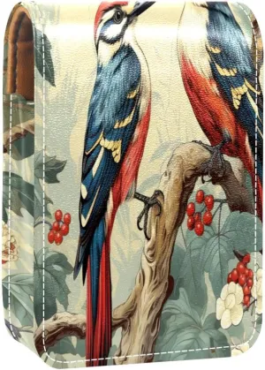 Lipstick Case Woodpecker Bird on Red Berries Branch Prints Mini Lipstick Holder Organizer Bag With Mirror for Purse Travel Cosmetic Pouch