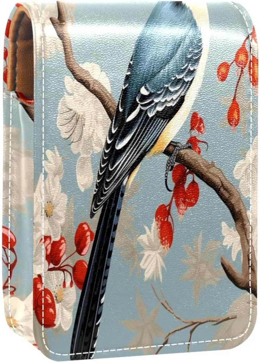 Lipstick Case Woodpecker Bird on Red Berries Branch Prints Mini Lipstick Holder Organizer Bag With Mirror for Purse Travel Cosmetic Pouch