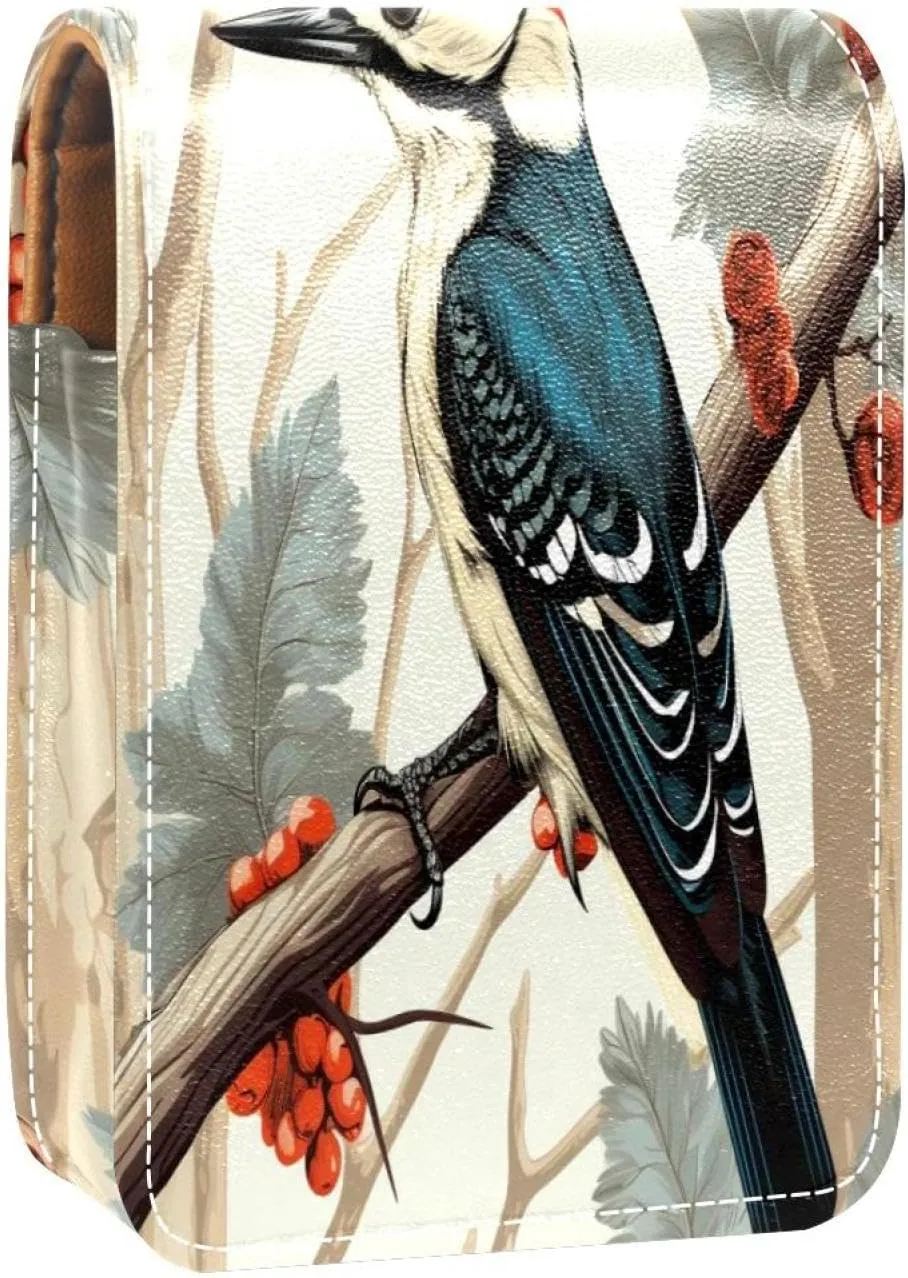 Lipstick Case Woodpecker Bird on Red Berries Branch Prints Mini Lipstick Holder Organizer Bag With Mirror for Purse Travel Cosmetic Pouch