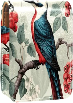 Lipstick Case Woodpecker Bird on Red Berries Branch Prints Mini Lipstick Holder Organizer Bag With Mirror for Purse Travel Cosmetic Pouch