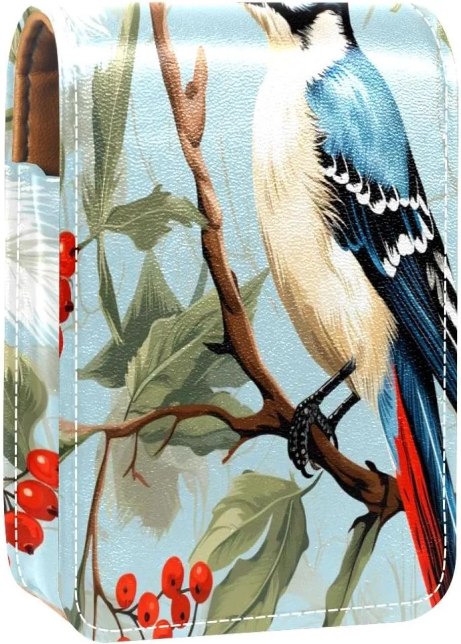 Lipstick Case Woodpecker Bird on Red Berries Branch Prints Mini Lipstick Holder Organizer Bag With Mirror for Purse Travel Cosmetic Pouch
