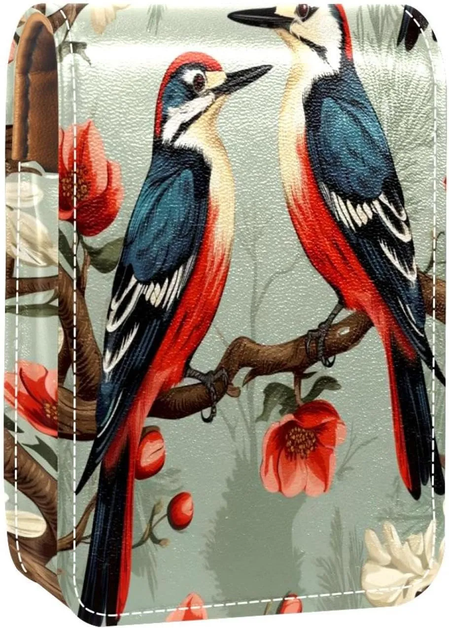 Lipstick Case Woodpecker Bird on Red Berries Branch Prints Mini Lipstick Holder Organizer Bag With Mirror for Purse Travel Cosmetic Pouch