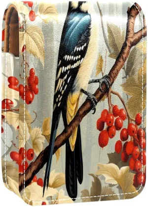 Lipstick Case Woodpecker Bird on Red Berries Branch Prints Mini Lipstick Holder Organizer Bag With Mirror for Purse Travel Cosmetic Pouch