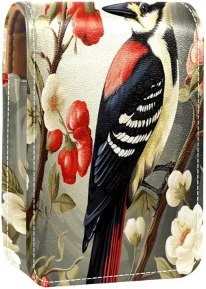 Lipstick Case Woodpecker Bird on Red Berries Branch Prints Mini Lipstick Holder Organizer Bag With Mirror for Purse Travel Cosmetic Pouch