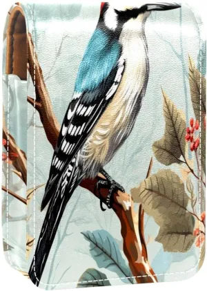 Lipstick Case Woodpecker Bird on Red Berries Branch Prints Mini Lipstick Holder Organizer Bag With Mirror for Purse Travel Cosmetic Pouch