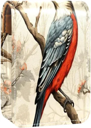 Lipstick Case Woodpecker Bird on Red Berries Branch Prints Mini Lipstick Holder Organizer Bag With Mirror for Purse Travel Cosmetic Pouch