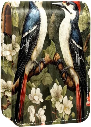 Lipstick Case Woodpecker Bird on Red Berries Branch Prints Mini Lipstick Holder Organizer Bag With Mirror for Purse Travel Cosmetic Pouch