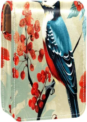 Lipstick Case Woodpecker Bird on Red Berries Branch Prints Mini Lipstick Holder Organizer Bag With Mirror for Purse Travel Cosmetic Pouch