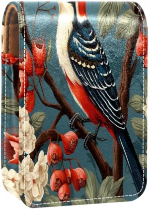 Lipstick Case Woodpecker Bird on Red Berries Branch Prints Mini Lipstick Holder Organizer Bag With Mirror for Purse Travel Cosmetic Pouch