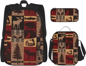 Lodge Bear Deer Fish Print Practicality Bag Casual Fashion Backpack Lunch Bag Pencil Case Camping Gear Bags