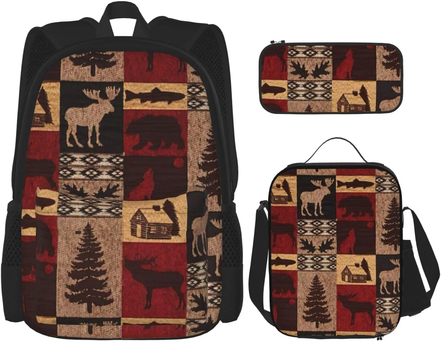 Lodge Bear Deer Fish Print Practicality Bag Casual Fashion Backpack Lunch Bag Pencil Case Camping Gear Bags