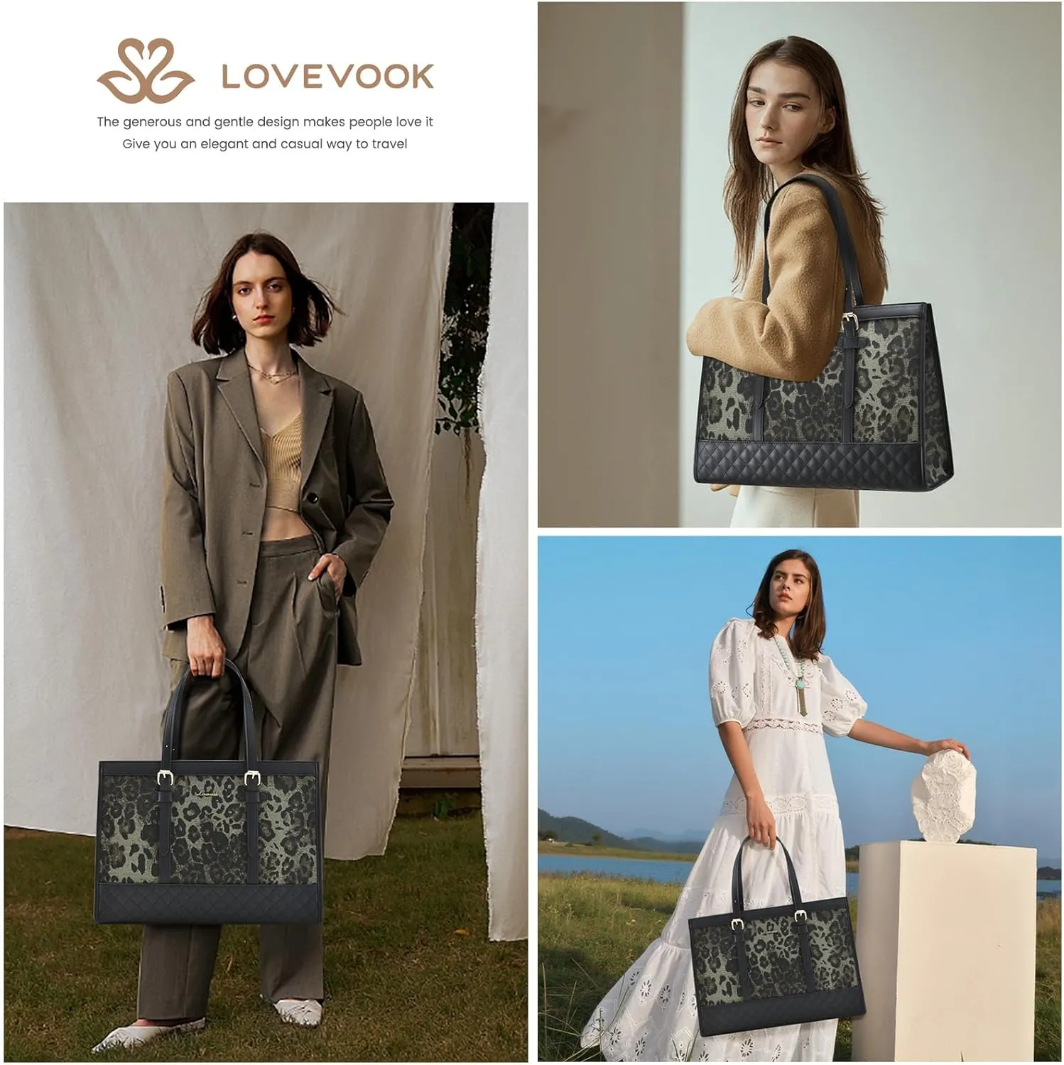 LOVEVOOK Laptop Bag for Women 15.6 inch Canvas Laptop Tote Bag, Large Capacity Work Bags with Clutch Purse, Computer Bags Office Business Briefcase, Casual Handbag for Travel College Teacher
